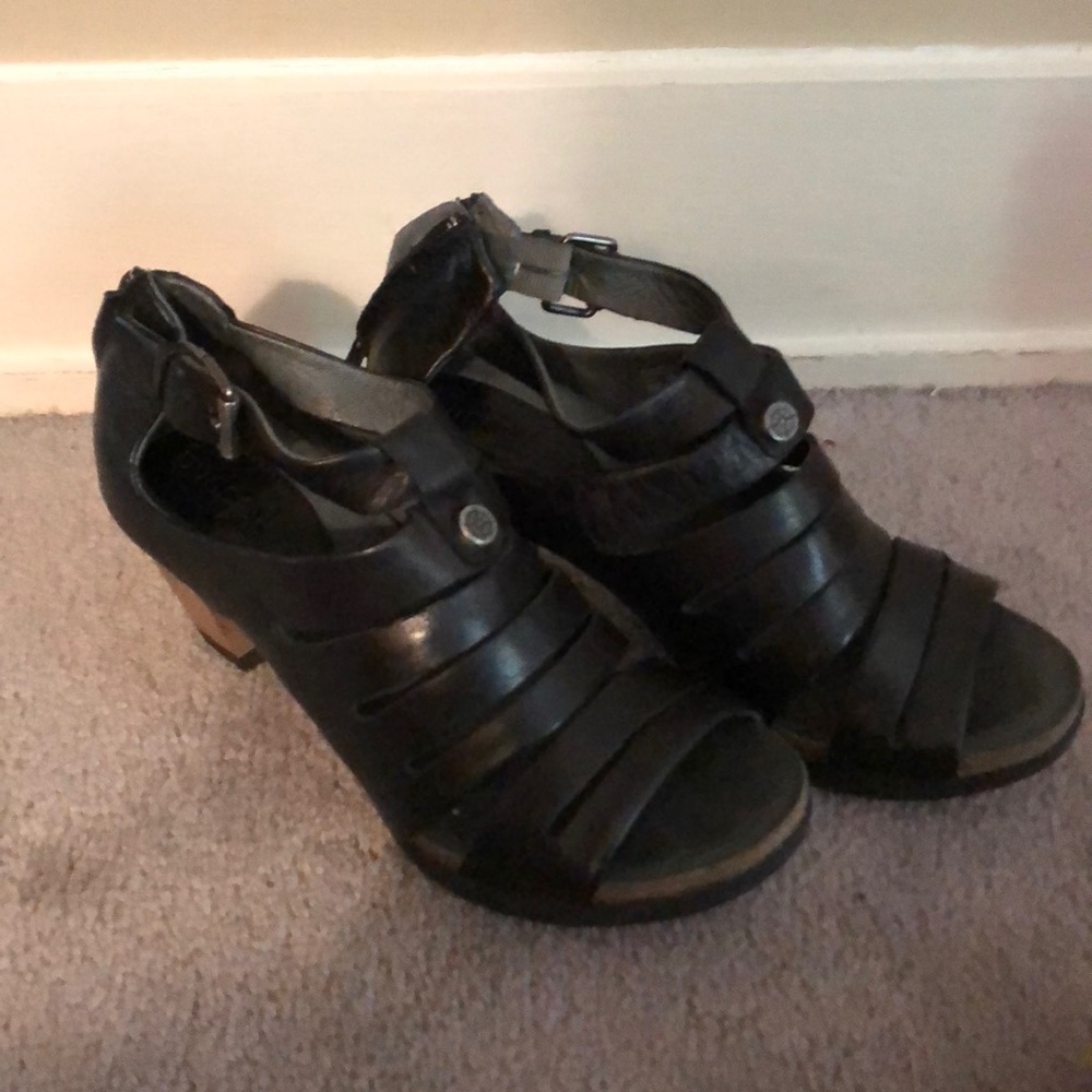 Black leather stacked heel sandals